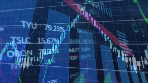 Trading chart showing scrolling ticker sparking blue bars red arrow candles Stock Footage 332447814