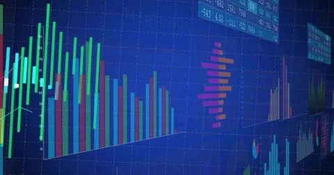 Trading dashboard displaying chart in software, with vertical bar charts, trend Stock Illustration