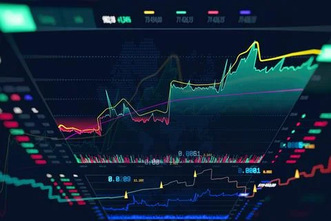 Trading dashboard with multiple multicolored line charts in yellow, green, cy Stock Photos