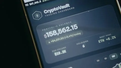 Trading dashboard showing a portfolio summary, Portfolio Balance, Daily Stock Footage 333838760