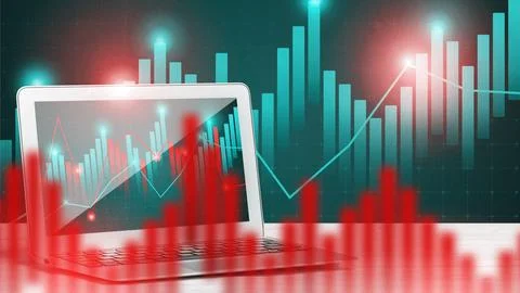 Trading data and charts on a laptop display during financial analysis on a Stock-Illustration