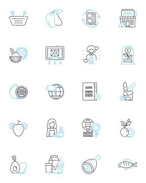 Trading hubs linear icons set. Markets, Exchanges, Auctions, Bids, Offers Stock Illustration