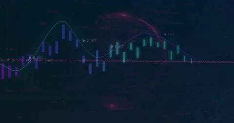 Trading interface displaying candlestick bars, line graph and fuchsia particle Foto stock