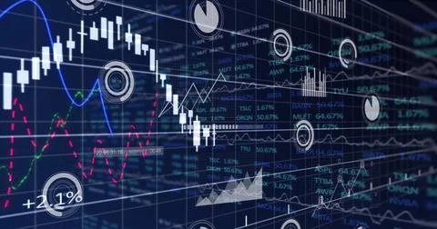 Trading interface displaying candlestick chart and dashed lines on screen, with Stockfoto's