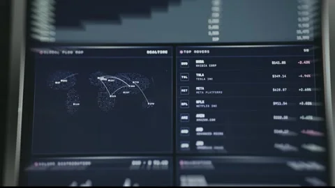 Trading platform UI with Top Movers watchlist and global network visualization Stock Footage 335893485