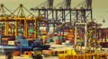trading port cargo, hoisting cranes, trucks, big activity timelapse HD Footage