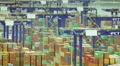 trading port cargo, hoisting cranes, trucks, big activity timelapse HD Footage
