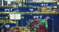 trading port cargo, hoisting cranes, trucks, big activity timelapse HD Footage
