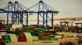 trading port cargo, hoisting cranes, trucks, big activity timelapse HD Footage