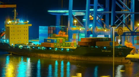 Trading port ,logistics, crane activity, night timelapse Stock Footage 49951692