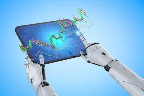 Trading robot with ai robot with digital tablet display candle stick graph 스톡 일러스트