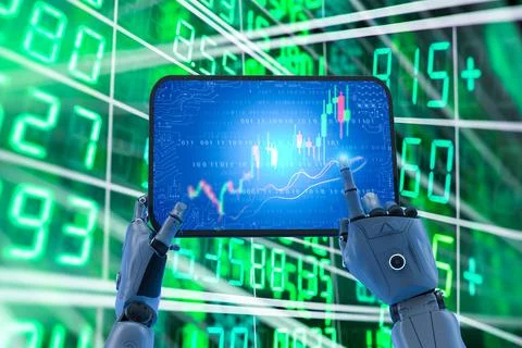 Trading robot with ai robot with digital tablet display candle stick graph 스톡 일러스트