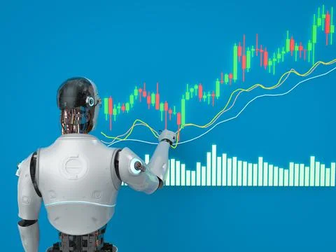 Trading robot concept with robot with candle stick graph Stockillustratie