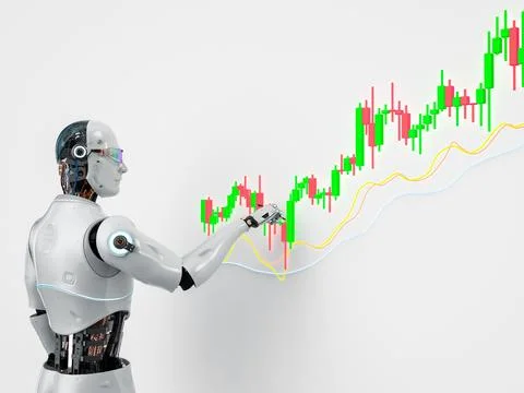 Trading robot concept with robot with candle stick graph Stockillustratie
