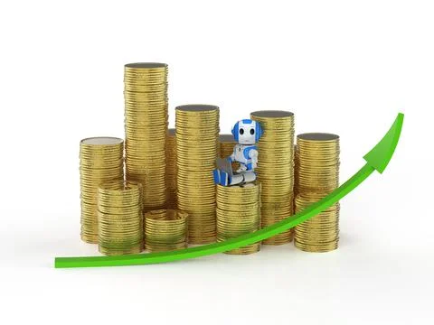 Trading robot with robot with stack of gold coins and graph Foto stock