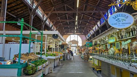 Trading rows with high quality local products in traditional French farm market Stock Photos