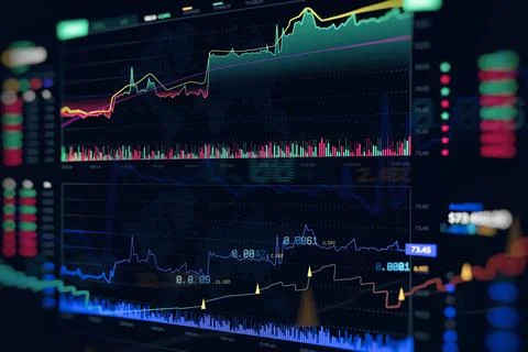 Trading screen display featuring candlestick graphs, line charts, and real .. Stock Photos