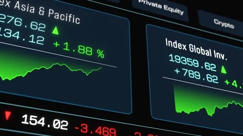 Trading screen stock market ticker with charts, market data, currency exchange Stock Footage 344124328
