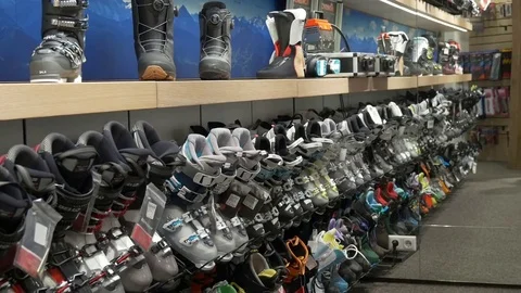 Trading shelf with ski boots Stock Footage 73921927