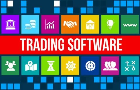 Trading software concept image with business icons and copyspace. Illustrazione stock