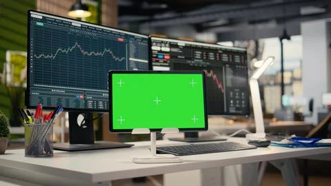Trading software in prop firm office with graphs on isolated screen tablet Stock Photos
