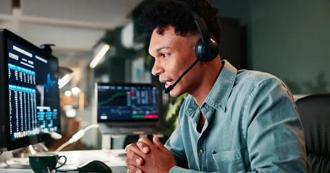 Trading support, screen or man on computer for customer service, investment Stock Photos