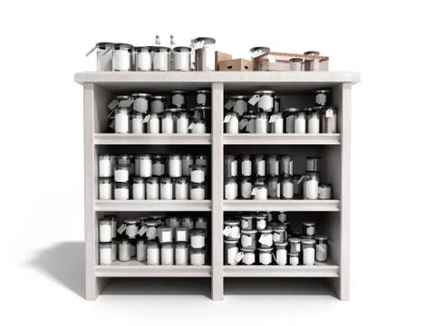 Trading table with jars 3d render on white background Stock Illustration
