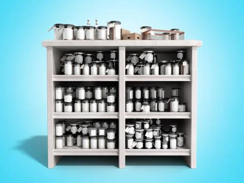 Trading table with jars 3d render on blue background Illustrazione stock