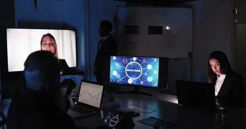 Trading teamwork meeting inside hedge fund office doing blockchain research Stock Footage 155332167
