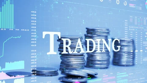 Trading text on coins stack increase with business data hologram. Stock Footage 283435151