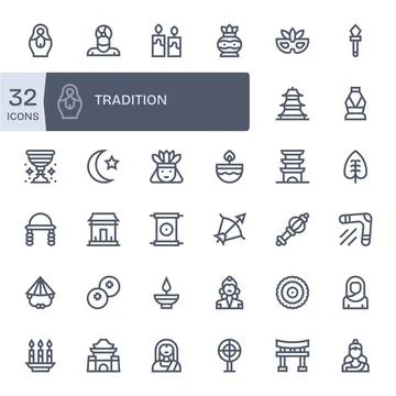 Tradition Comprehensive Vector Bundle with 32 Editable Bold Line 64x64 Icons Stock Illustration