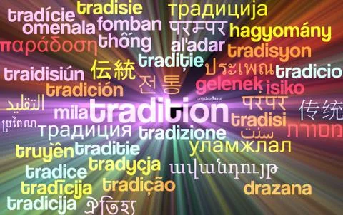 Tradition multilanguage wordcloud background concept glowing Stock Illustration