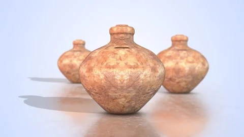 Traditional 3D Clay Moneyboxes on a Reflective Floor. Vintage Style Gulak 3D. 4K Stock Footage 290021553