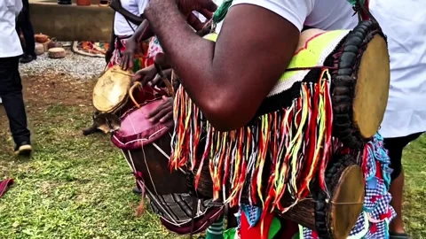 Traditional African Drummers Playing Handcrafted Drums at Grass Event Stock Footage 337605068