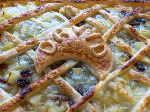 Traditional apple pie, cross pattern with David's name in the middle, close.. Stock Photos