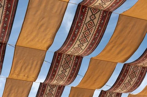 Traditional Arabic Patterned Fabric Canopy at Mina District, Old Doha Port .. Stock Photos