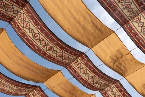 Traditional Arabic Patterned Fabric Canopy at Mina District, Old Doha Port .. Stock Photos