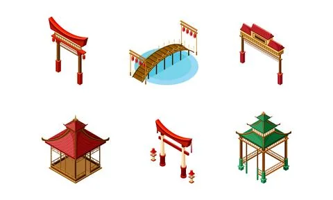 Traditional asian architecture objects set. Chinese and Japan building, towers Ilustración de archivo