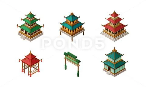 Traditional asian architecture objects set. Chinese and Japan buildings vector Stock Illustration