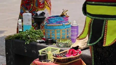 Traditional Aztec Ritual Table Herbs Baskets Beads Templo Mayor Mexico City Video stock 344627474