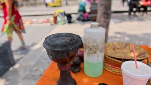 Traditional Aztec Ritual Table Smoldering Incense Burner Mexico City Street Video stock 344627475