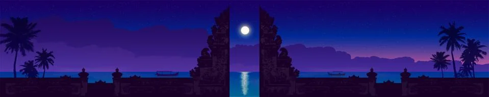 Traditional balinese temple gate and palms silhouette on night purple sky Stock Illustration