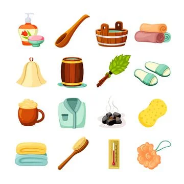 Traditional bath items set. Scented loofah soap and mug foamy beer wooden brown Stock Illustration