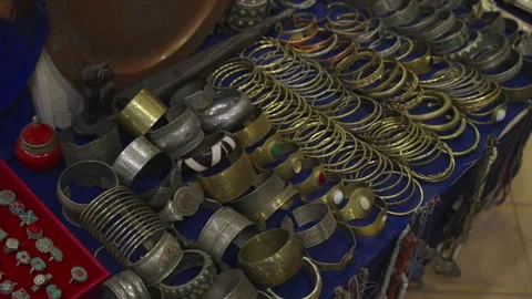 Traditional Berber silver bracelets and rings at Moroccan market Stock Footage 337912597
