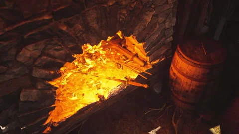 Traditional blacksmithing in a rustic old forge with glowing embers Stock Footage 331420602