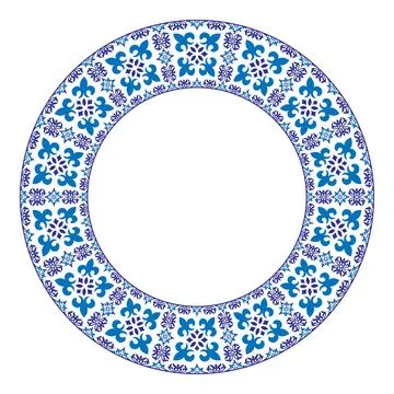 Traditional blue white round frame border with Portuguese azulejo tiles pattern. 库存插图