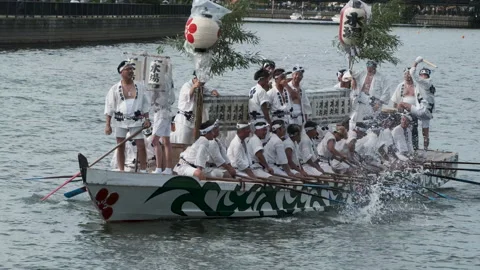 Traditional Boat Procession during Tenjin Matsuri Festival Stock Footage 337170945