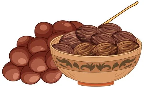 Traditional Bowl of Dates with Decorative Pattern and Spoon Stock Illustration