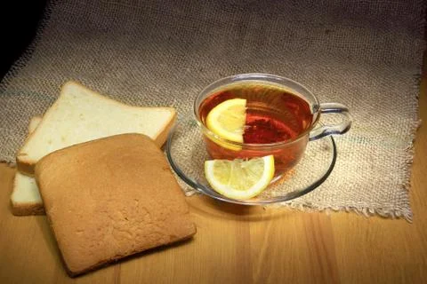 Traditional breakfast Lemon tea bread toast invigorating morning home comfort re Stock Photos