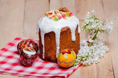 The traditional cake for Easter. Rustic Still Life Easter Cake with Egg and f Stock Photos